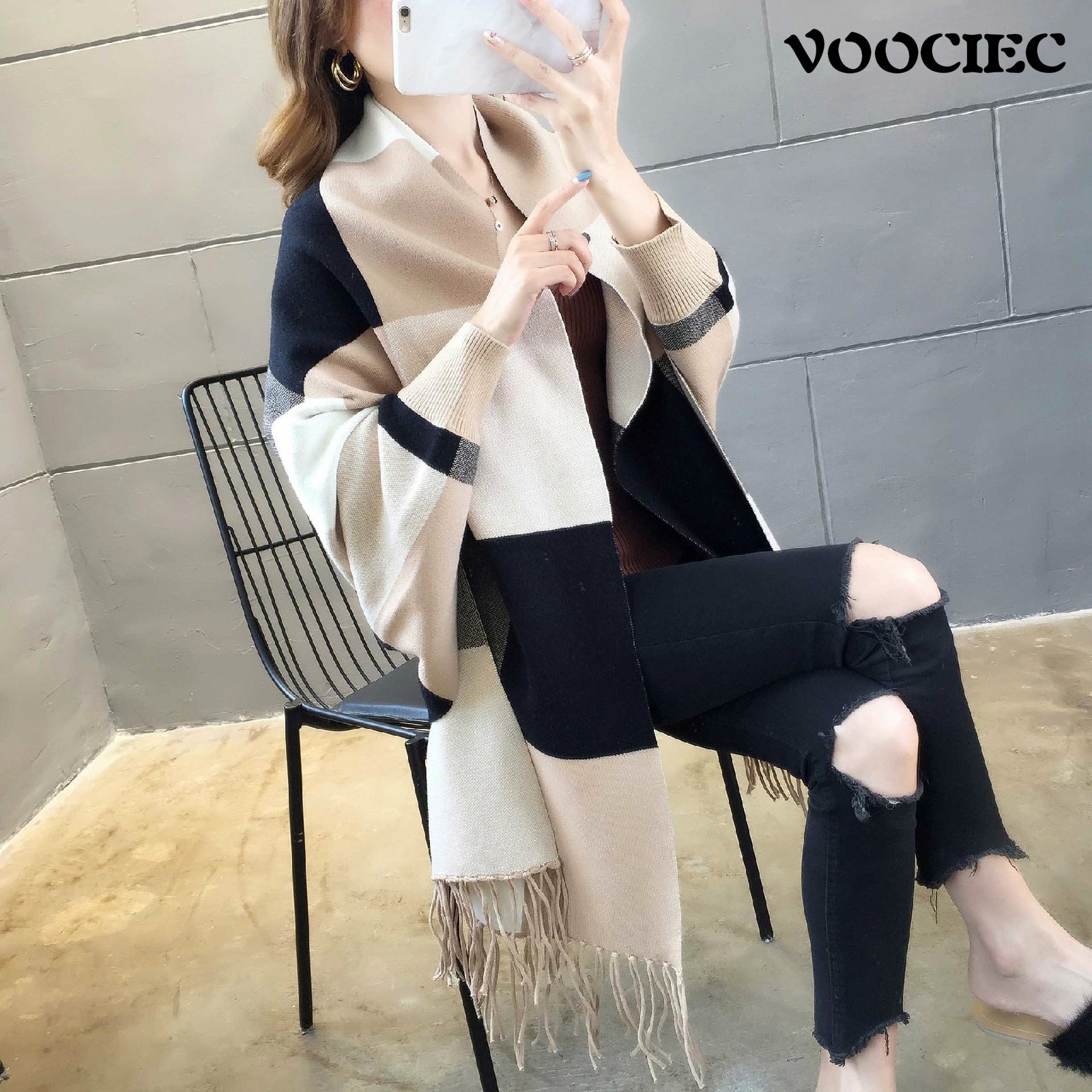 VOOCIEC 2020 가을 얇은 망토 롱 가디건 스웨터 코트 플러스 사이즈 겨울 의류 여성용 격자 무늬 스웨터